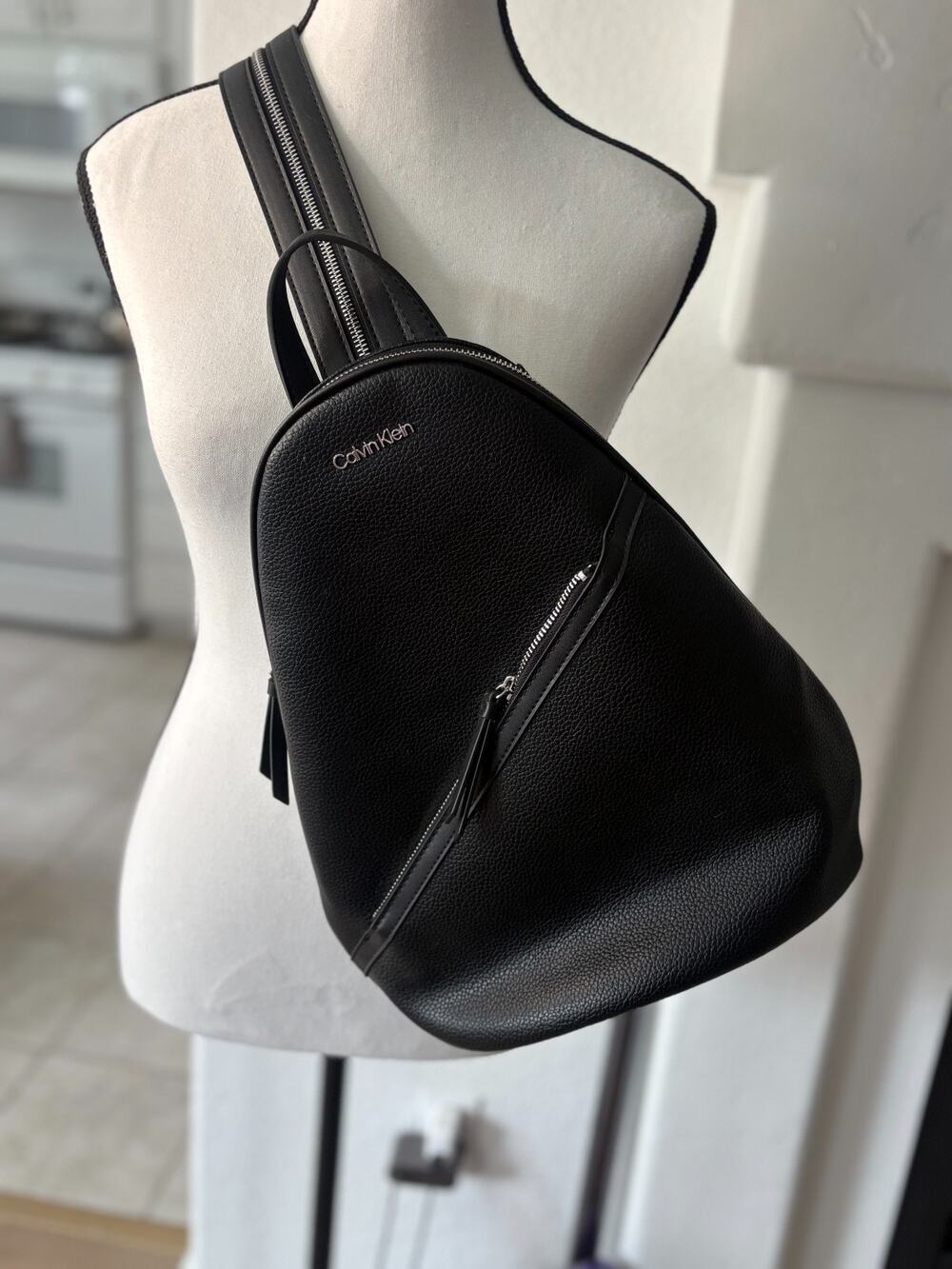 Calvin Klein Black Faux Leather Diagonal Zip Backpack